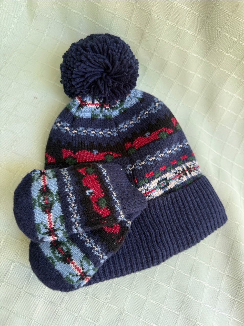 New GAP Navy Pom Beanie and Mittens Set with Red and Green Accents